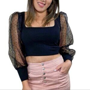 Black Crop Top with Swiss Dot Sheer Puff Sleeves